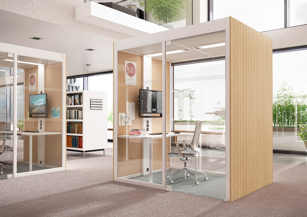 Aspect office pod with wood cladding and cork.