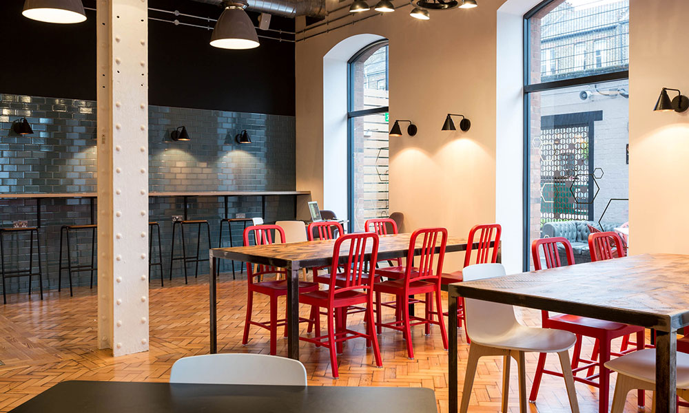 Badboy canteen tables with red chairs