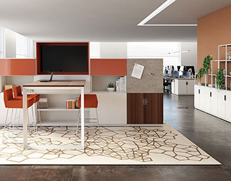 Zonal storage with high table in workplace.