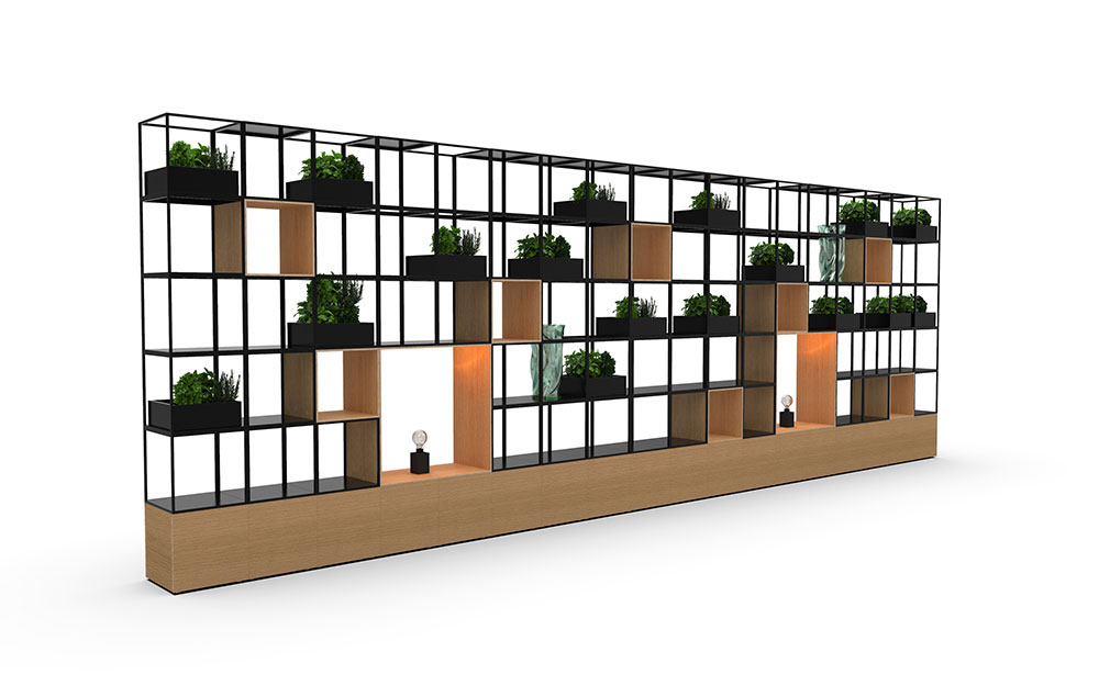 Cage storage shelving with plywood and lighting.