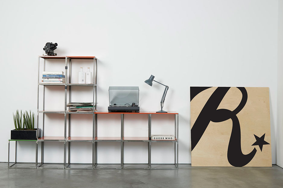 Cage storage with red shelves