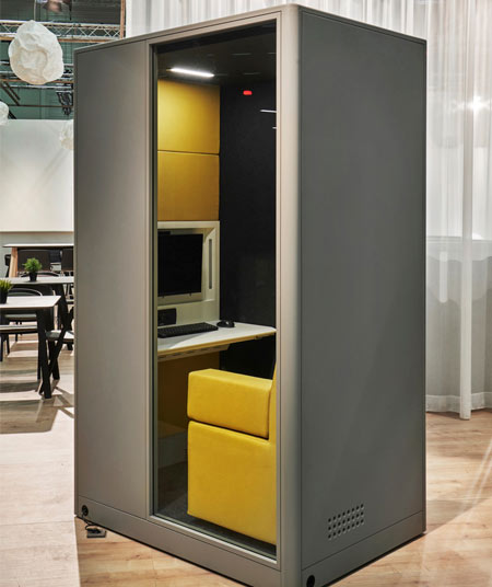 Mini office pod in grey with yellow seating