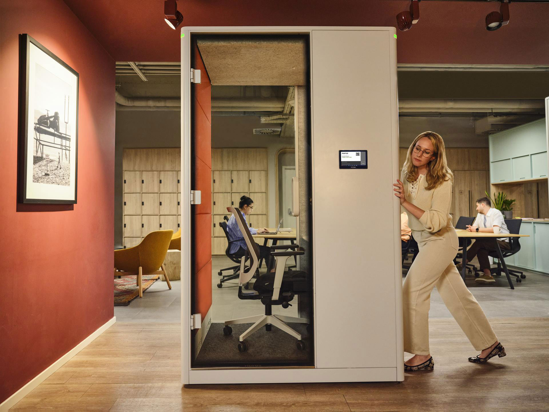 Calma pod being pushed on castors in an office.