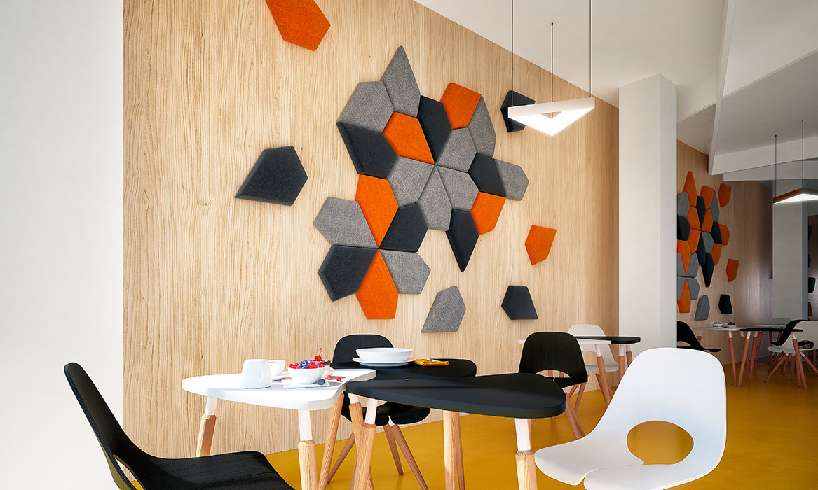 Formo acoustic wall panels in orange and grey