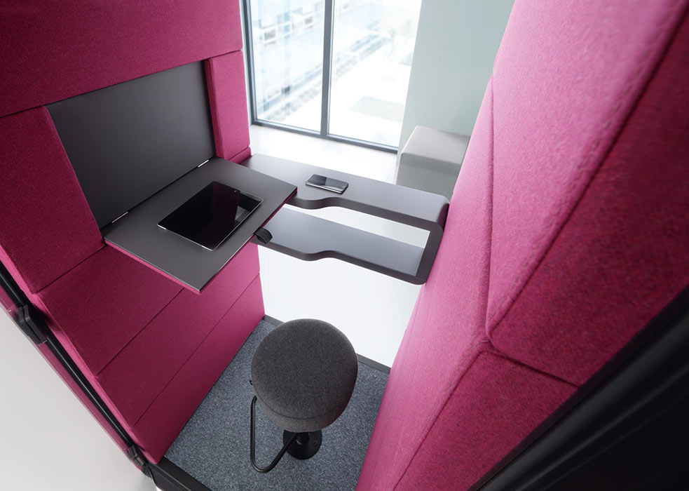 Purple colour phone booth interior.