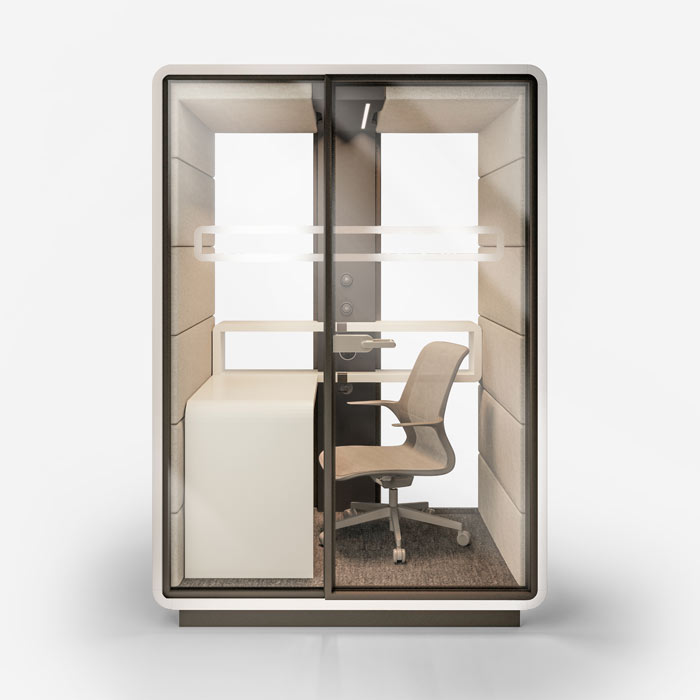 Hush Work Pod with beige upholstery, side profile.