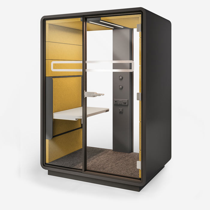 Hush pod with height adjustable desk and yellow fabric.