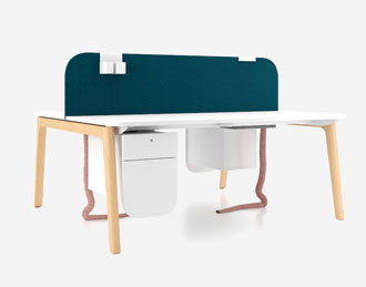 Levitate desk with wood legs and upholstered divide