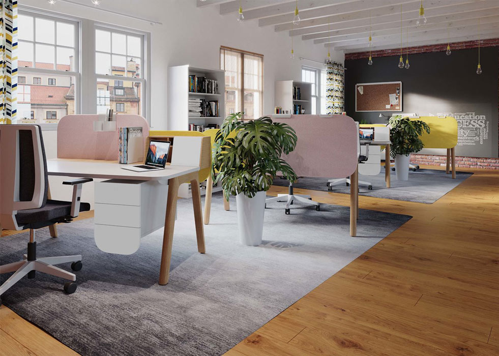 Levitate desks with upholstered desk screens
