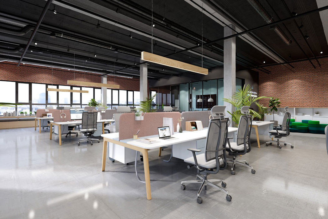 Rows of Levitate bench desk for 4 users in open plan office