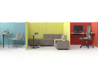 Free standing office screens wrapped around a desk and sofa Acoustic hyrbid working