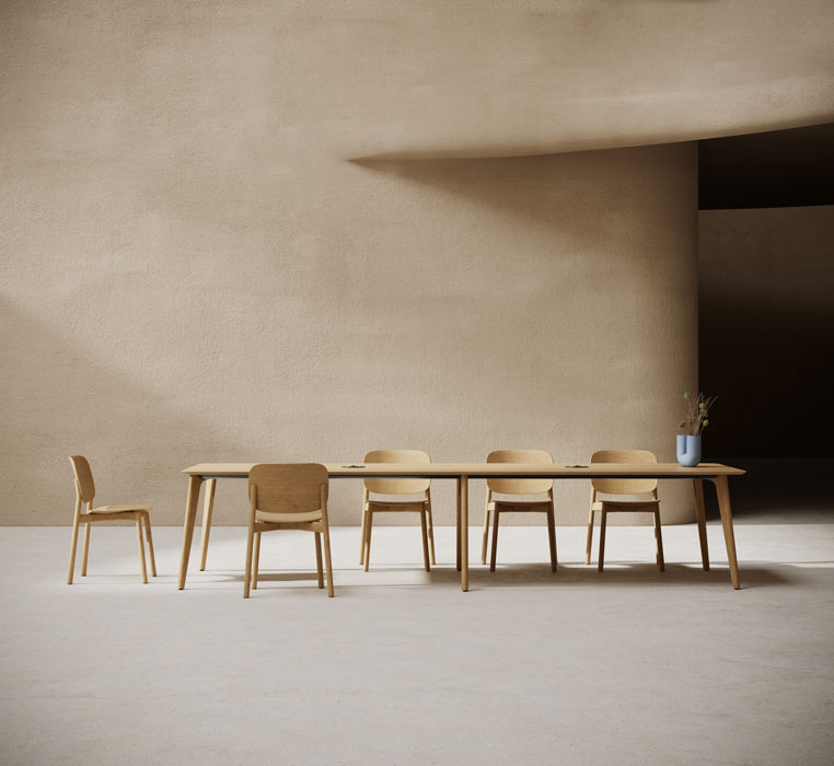 Niko oak stained meeting table with chairs. 