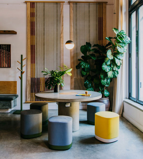 Puck stools at table