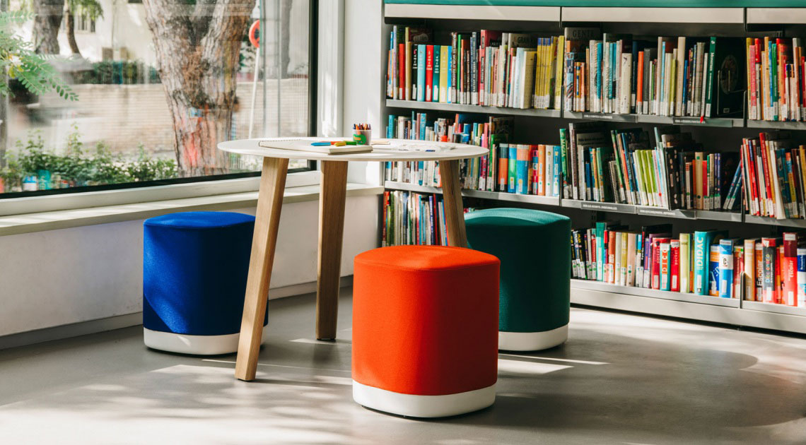 Puck stools in library 
