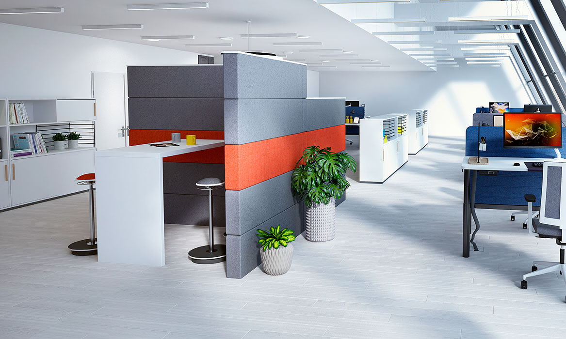 Sand Screen partition in grey and red with high table