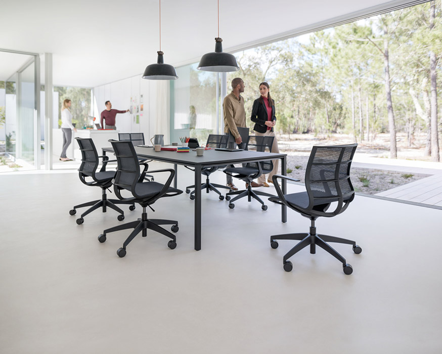Black mesh meeting chairs