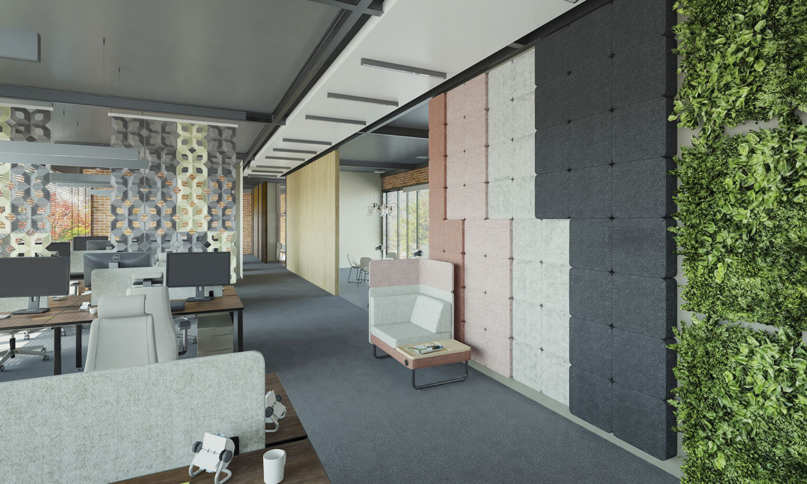 Sileo acoustic wall panels next to living wall