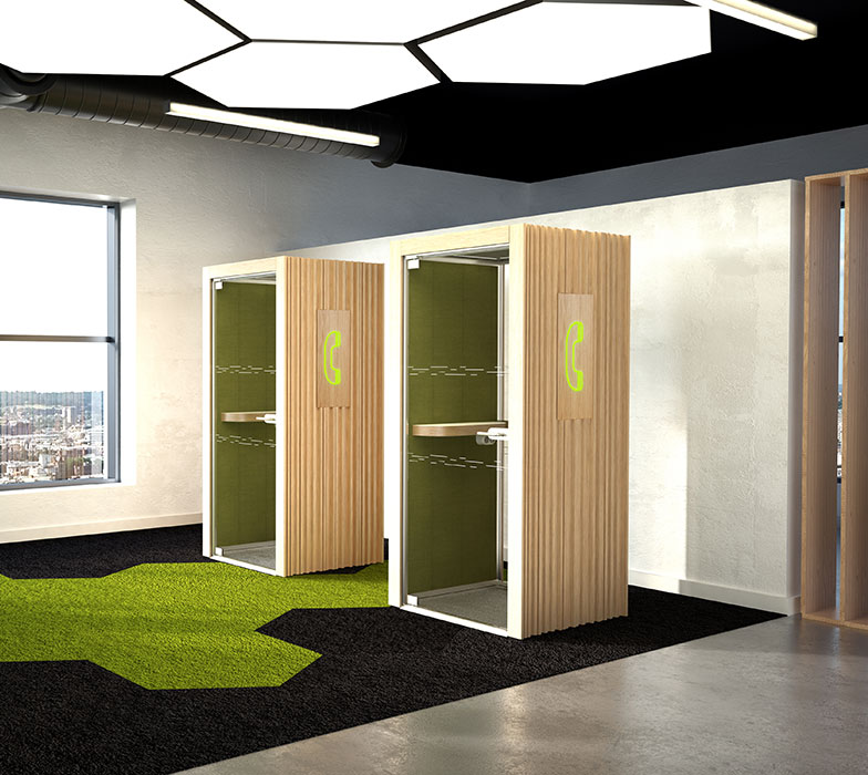 Two wood Teepee phone booths.