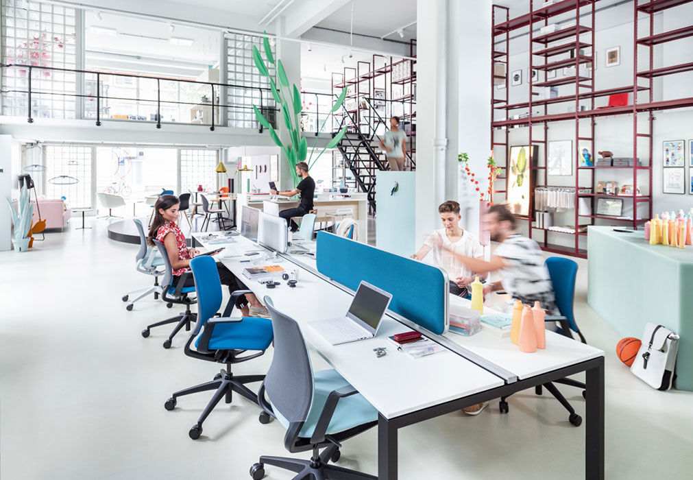 Long white bench desk with black legs