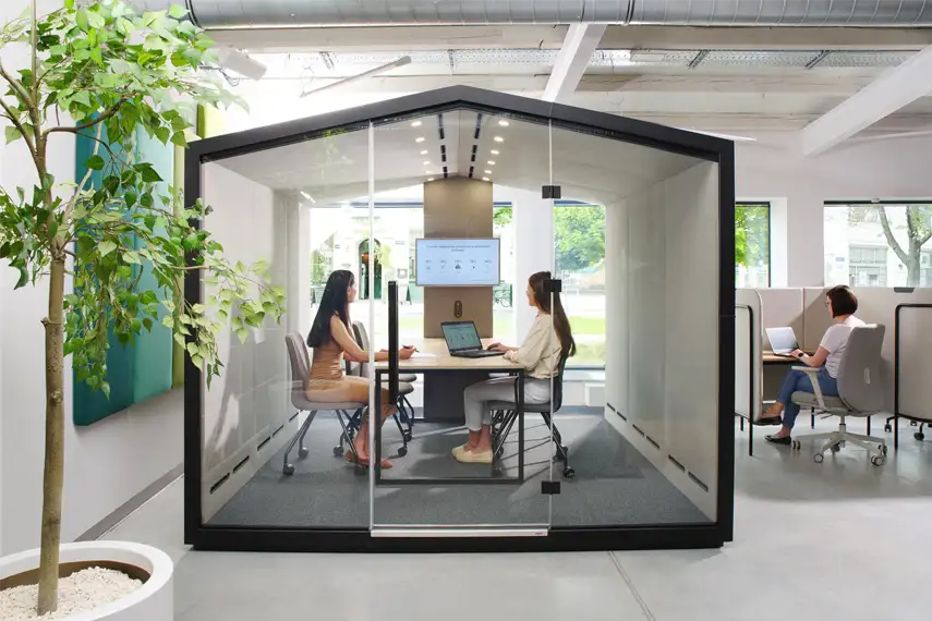 Large pitched roof meeting pod in office