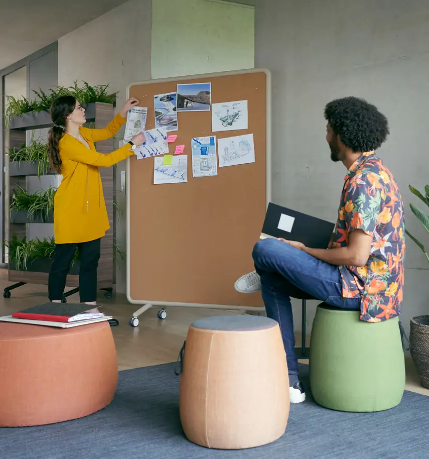 Ancillary office products including low upholstered stools, pinnable board and a biophilia planter shelf