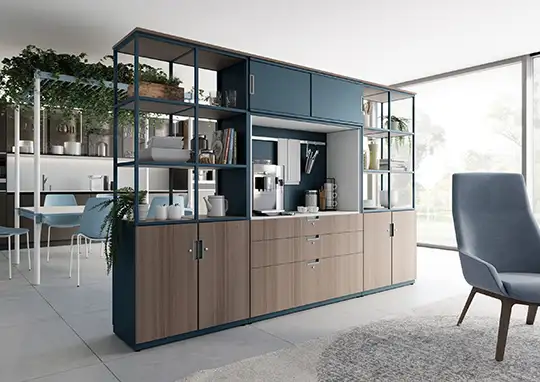 Office storage in blue and wood