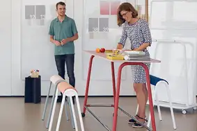 high table with red legs