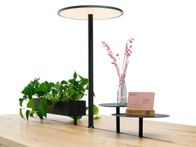 Functional Joint in table with lamp and shelves