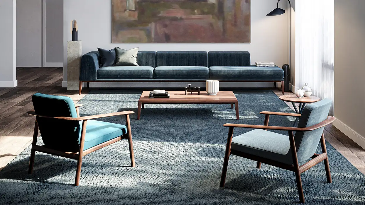 Beautiful contemporary wood framed Kato armchairs in waiting area.