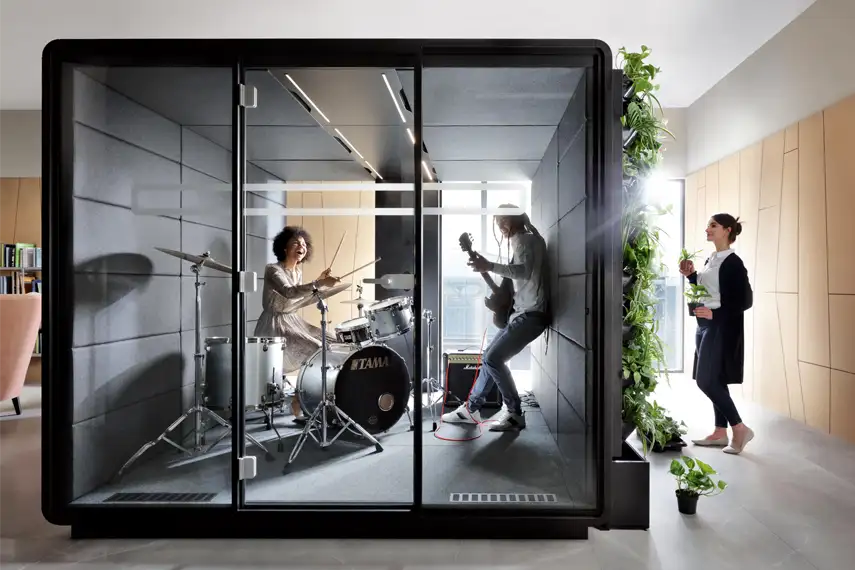 A large office meeting pod used as a studio.