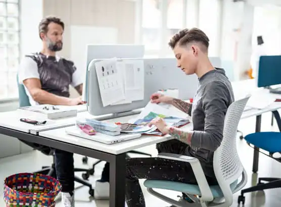 Modern white bench desk in office