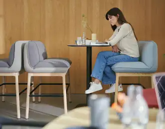 high upholstered bench stools in cafe