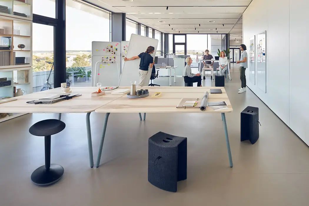 Wood desktop with blue desk legs