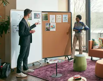 Mobile pinboards and magnetic white boards in meeting room