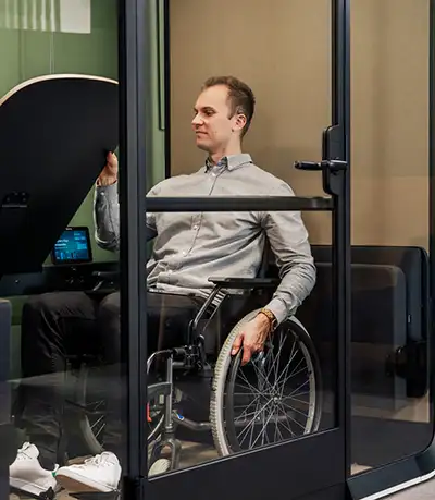 Office pod with wheelchair access and folding table